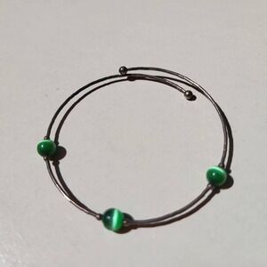 Vintage Sterling Silver Cats Eye Bangle Green Minimalist Wrap Bracelet